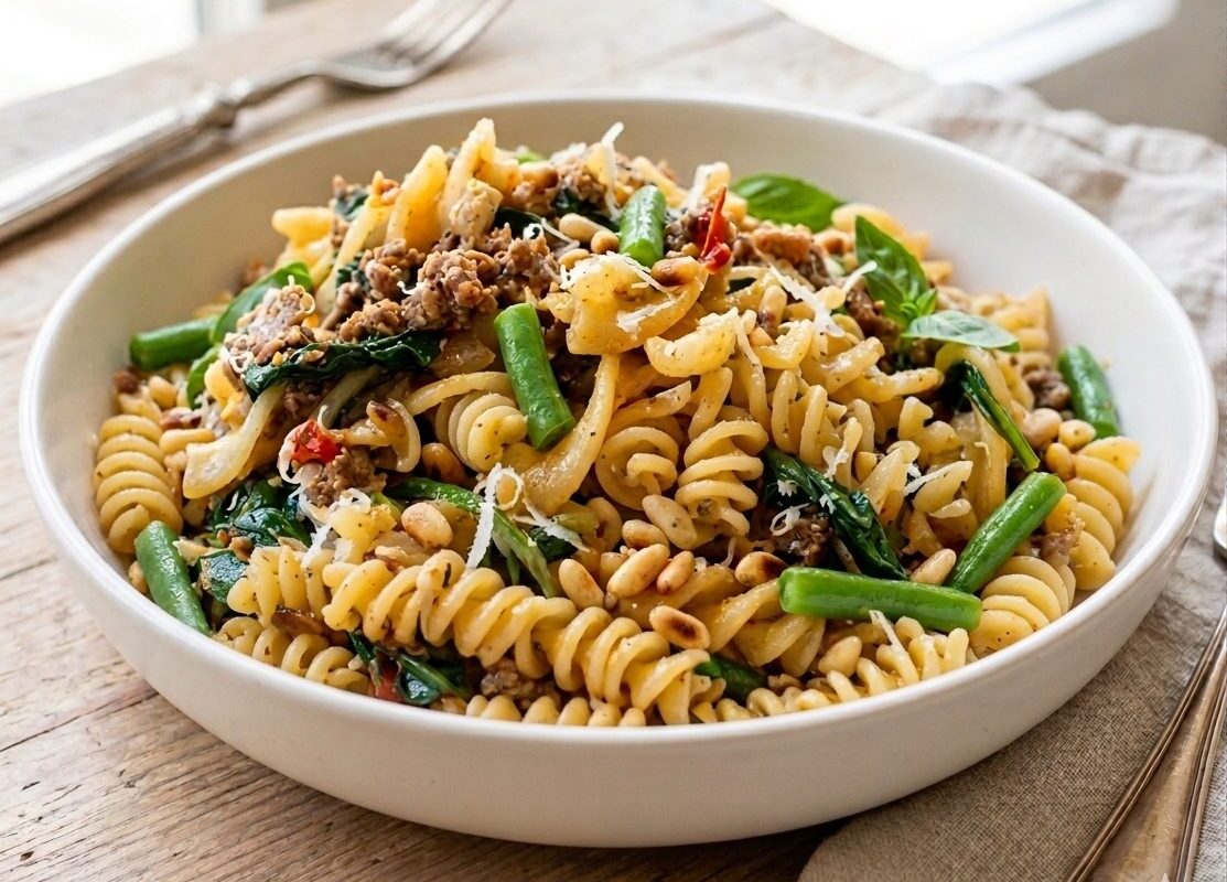 Pasta salade met sperziebonen en pijnboompitten - recept