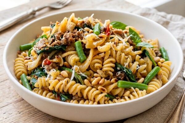 Pasta salade met sperziebonen en pijnboompitten