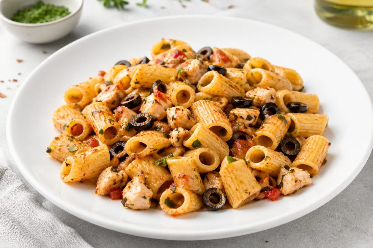 Pasta Rigate met gerookte kip en zwarte olijf - recept