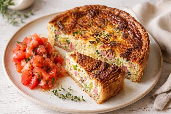 Quiche van bladerdeeg met ham en prei